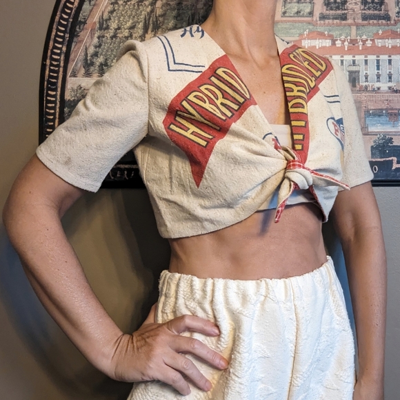 vintage FEEDSACK cropped tie-front top S - Picture 5 of 10